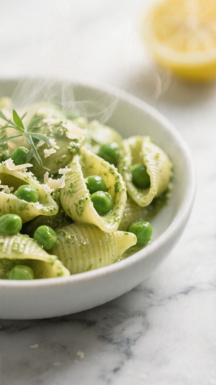 Close-up macro of creamy avocado pesto pasta shells with peas, steam gently rising: small pasta shells coated in a silky avocado-lemon-garlic sauce (glossy green), sweet green peas tucked into the shells, a squeeze of lemon shown in the background, and micro-grated Parmesan flecks optional on top. Serve in a matte white bowl on a marble surface, 45-degree angle, shallow depth of field to emphasize the creamy coating and pea pop, bright and fresh mood.