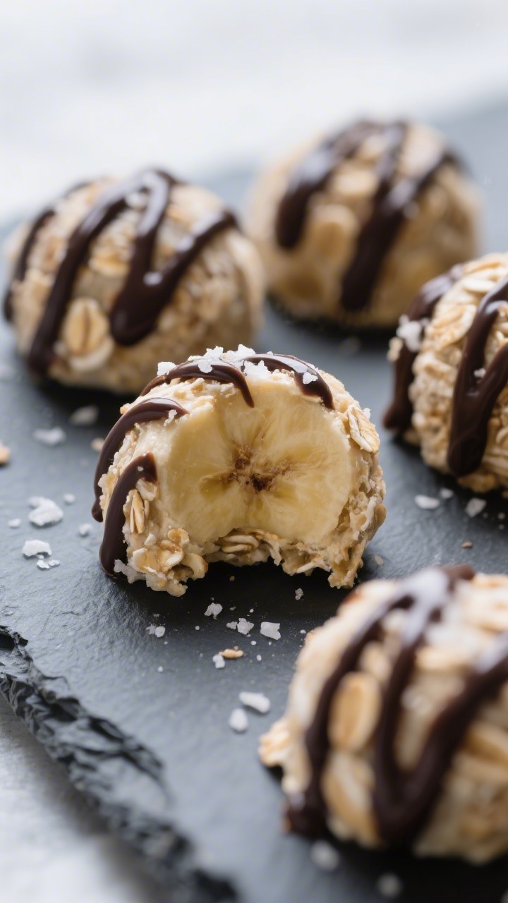 Close-up macro of Creamy Banana-Oat Freezer Bites on a chilled slate board: round, bite-size mounds made from mashed ripe bananas, creamy peanut butter, quick oats, vanilla, and a pinch of sea salt; glossy dark chocolate drizzle zigzags over each bite, with a few sea salt flakes catching the light; soft, cool-toned background to convey frozen freshness; one bite cut open to show creamy, nubby oat interior.