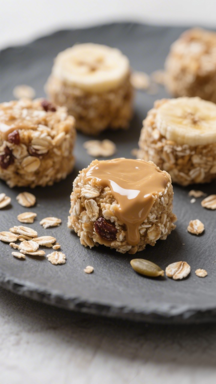Close-up macro of no-bake oat bites arranged on a matte slate plate, soft and squishy texture emphasized; visible quick oats, creamy peanut butter sheen, gloss from honey or date syrup, and a hint of mashed banana binding; a few hidden seeds subtly peeking through; some bites rolled in extra oats for texture contrast; shallow depth of field, gentle side light for appetizing highlights, minimalist neutral backdrop.