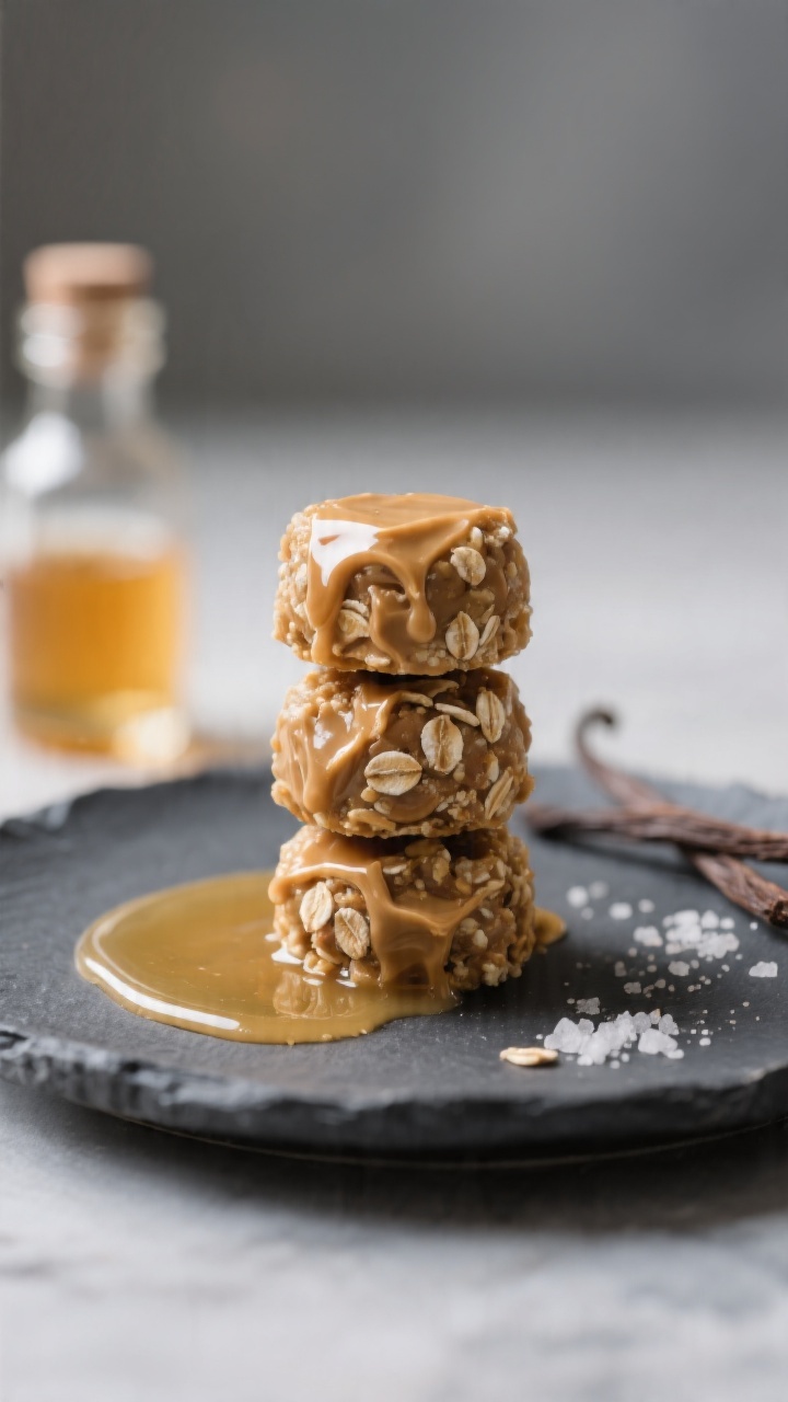 Close-up macro of No-Bake Peanut Butter Power Bites neatly stacked on a matte slate plate, glossy from honey, with visible quick oats and creamy peanut butter swirls; a drizzle line of honey, a vanilla extract bottle in soft blur, pinch of sea salt crystals sparkling; no-bake energy snack mood, cool studio lighting with gentle highlights, clean modern styling.