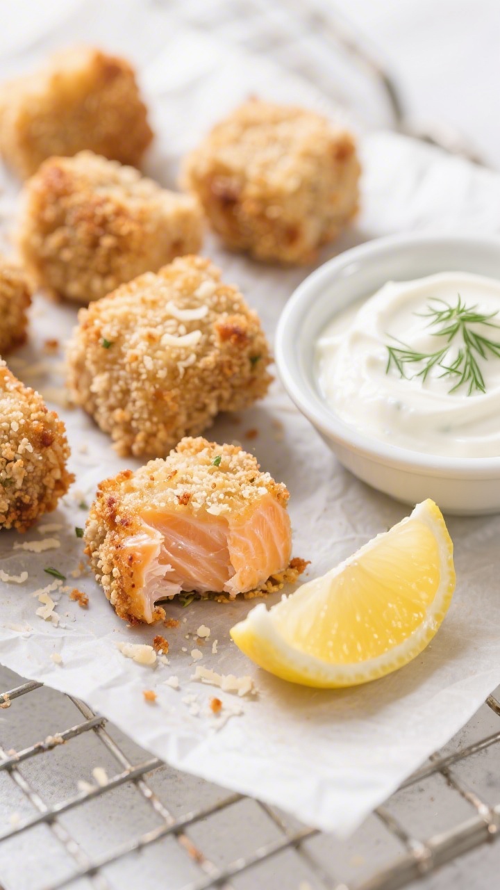 Close-up macro of Salmon Nugget Bites With Yogurt-Dill Dip: 1-inch salmon pieces coated in a crisp whole-wheat panko and finely grated Parmesan crust, baked to golden brown with flaky salmon visible in a broken nugget. A small bowl of tangy yogurt-dill dip (Greek yogurt, lemon juice, dill) sits alongside with a lemon wedge; breadcrumb texture sharp and crunchy, tiny parmesan browned spots; set on parchment over a wire rack to imply oven-baked crispness; clean, bright lighting for appetizing contrast.