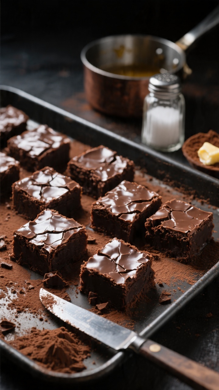 Close-up macro of sheet-pan brownie bites with crackly, shiny tops and fudgy middles, cut into small squares on a dark metal sheet pan; visible cocoa dusting on the surface, crumbs clinging to a knife; include props showing key ingredients: a small heap of unsweetened cocoa powder, a pat of melted butter residue in a saucepan, and a sugar jar; rich, dramatic lighting with deep contrasts to emphasize the fudgy texture and glossy crust.