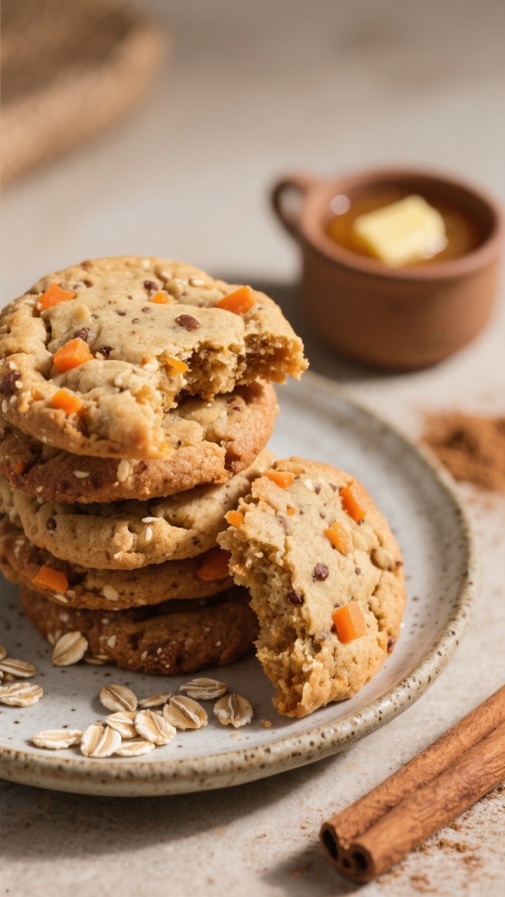Close-up macro of Soft Carrot Cake Oat Cookies piled on a small stoneware plate, edges craggy with visible quick oats, flecks of grated carrot, and a cinnamon-nutmeg speckled surface; one cookie broken to show soft, cake-like interior; include a tiny dish of unsweetened applesauce, a small pot of melted butter, and a dusting of cinnamon nearby; warm, cozy tones with directional side light emphasizing texture.