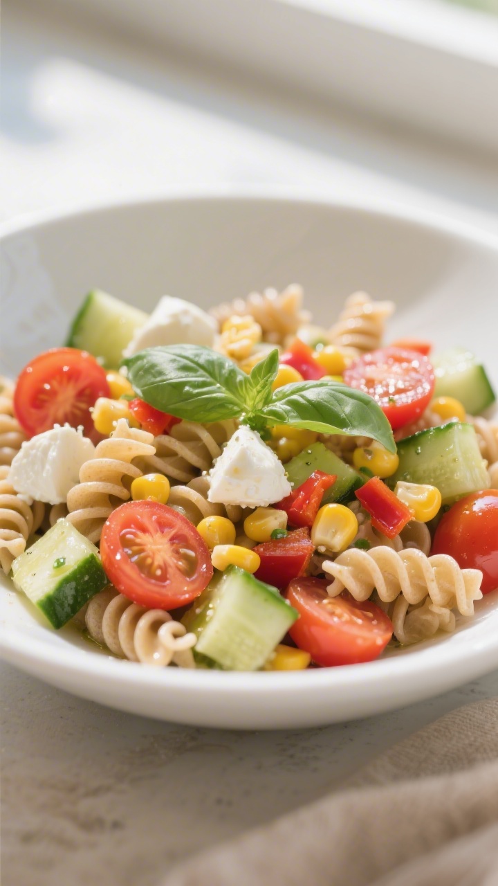 Close-up of a Capri Sunshine whole-wheat pasta salad in a wide white bowl: short pasta (fusilli/rotini/shells) tossed with halved cherry tomatoes, small-diced cucumber, fresh or thawed corn kernels, finely chopped red bell pepper, and glossy mozzarella pearls. Light olive oil sheen, a few torn basil leaves as a fresh note, bright summery color palette. Shallow depth of field highlighting bouncy mozzarella and juicy tomatoes, soft natural window light.