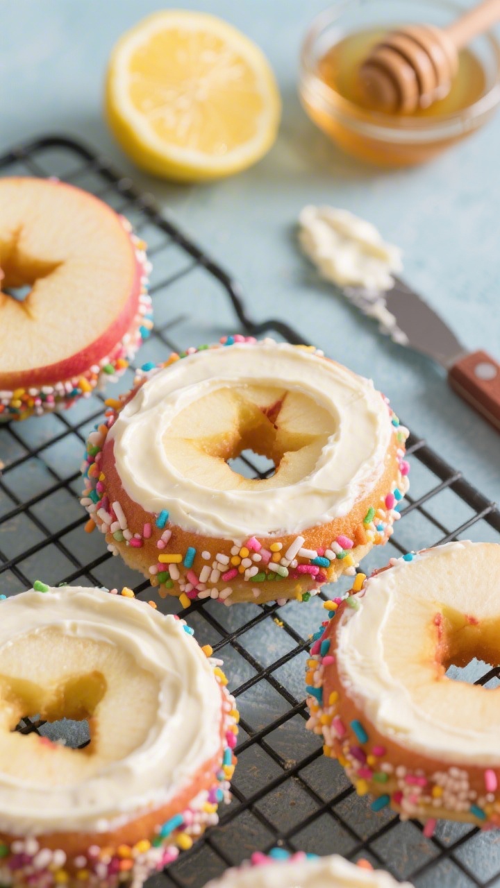 Close-up of apple donut rings on a cooling rack: cored apple slices (Honeycrisp/Gala/Pink Lady) dipped in lemon water to prevent browning, spread with a creamy layer of lightly sweetened cream cheese or Greek yogurt, then finished with confetti crunch sprinkles. Include a halved lemon, a small bowl of honey or maple syrup, and a palette knife with frosting smears. Punchy colors, tack-sharp detail on sprinkled texture and crisp apple edges, shallow depth of field for a playful, kid-treat vibe.