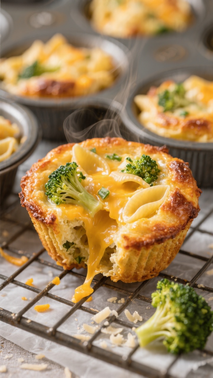 Close-up of Cheesy Broccoli Pasta Muffins just out of the tin, golden and bubbling: small shell pasta bound with eggs, sharp cheddar, and Parmesan, studded with finely chopped lightly steamed broccoli florets. Capture crispy, browned edges and gooey cheese pull from a muffin torn open, steam subtly rising. Set on a cooling rack over parchment with a few scattered broccoli crumbs and grated cheese. Warm, cozy light, tight framing to emphasize texture contrast—crispy exterior, tender cheesy interior.