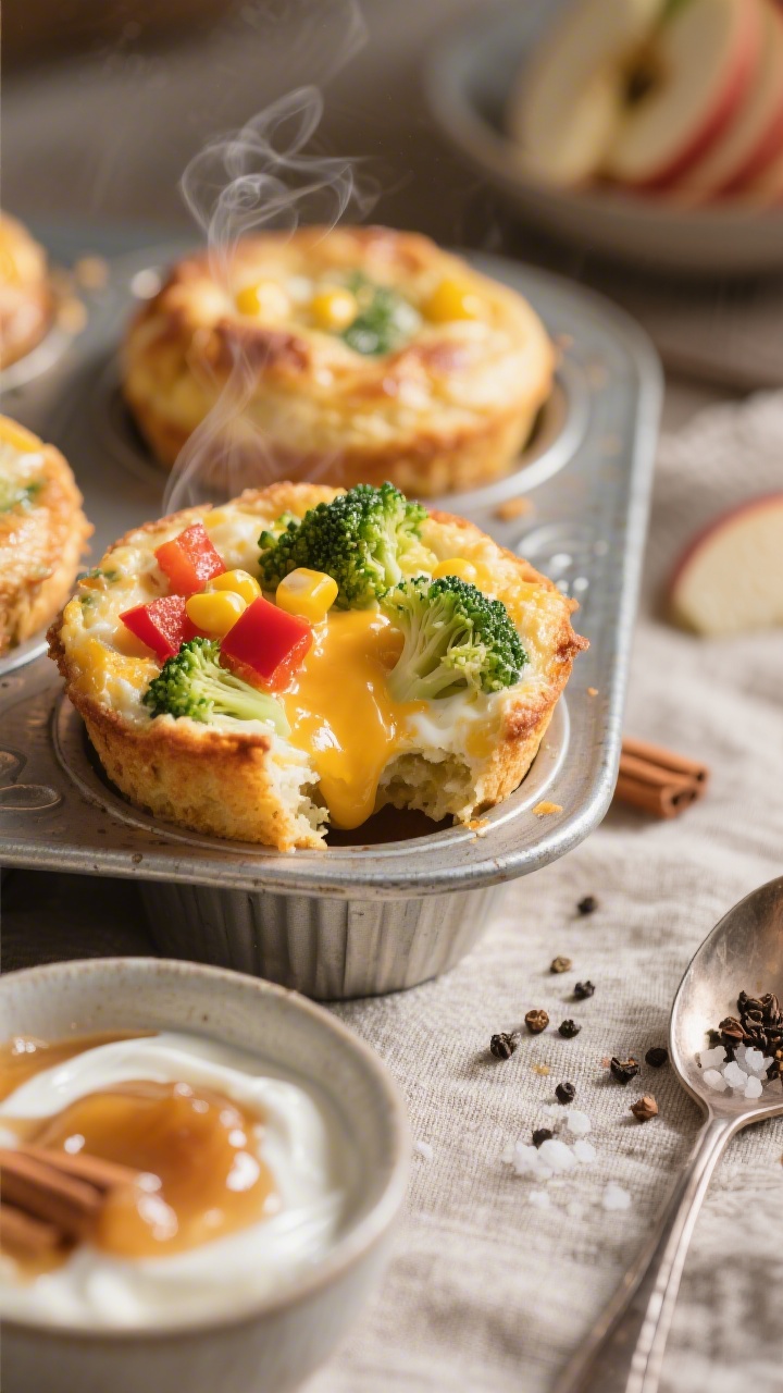 Close-up of cheesy veggie egg muffins just out of the tin, one muffin torn open to reveal gooey melted mild cheddar, finely chopped broccoli florets, red bell pepper dice, and sweet corn kernels; a small bowl of apple-cinnamon yogurt (plain Greek yogurt swirled with cinnamon and apple compote) beside a spoon; sprinkle of black pepper and a pinch of salt visible on muffin tops; warm, cozy morning light with gentle steam rising, rustic linen underneath.