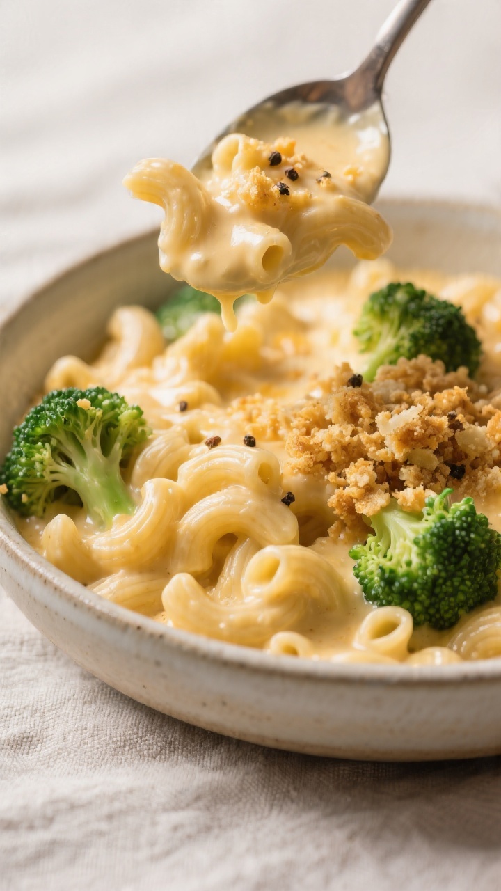 Close-up of creamy broccoli mac ’n’ cheese being spooned into a bowl: tender elbow macaroni coated in silky cheese sauce made from butter, flour, milk, and a mix of cheeses, with bright green small broccoli florets throughout; golden buttery crumble on top catching the light; visible pepper flecks and slight pull of cheese; shallow depth of field, neutral ceramic bowl on a light linen, comforting and ultra-creamy texture emphasized