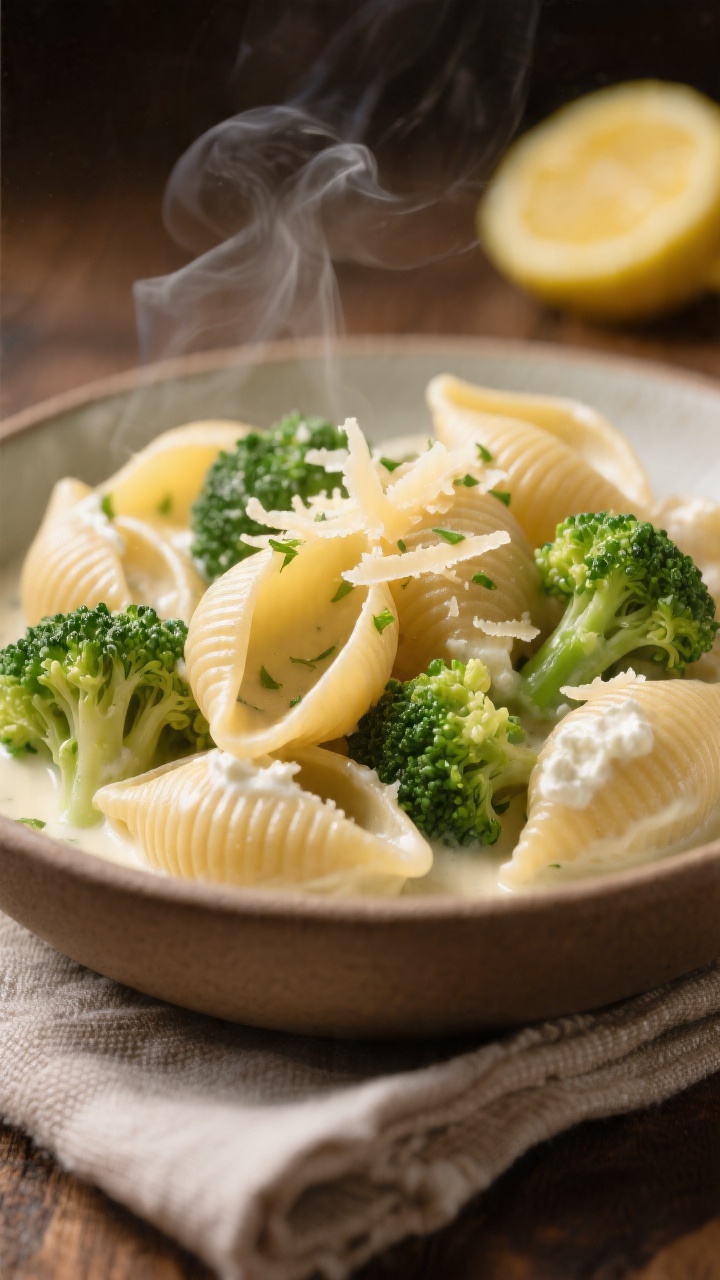 Close-up of creamy broccoli pasta shells with lemon ricotta: small whole-wheat pasta shells coated in a silky ricotta-Parmesan sauce, tender bright-green broccoli florets nestled between shells; visible micro-zest of lemon and a few curls of Parmesan on top; steam gently rising; shallow depth of field to emphasize creamy ridges of the shells; photographed in a warm bowl at table height (straight-on), with a linen napkin and a lemon wedge just out of focus.
