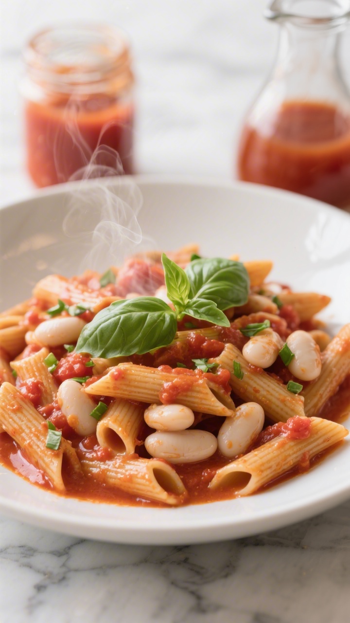 Close-up of Creamy Tomato Basil Pasta with Sneaky White Beans: whole-wheat penne coated in a silky marinara-broth sauce enriched with olive oil and minced garlic, tender cannellini white beans folded in, fresh basil ribbons scattered on top; steam rising, glossy sauce clinging to ridges of pasta; set in a shallow white bowl on a marble surface with a jar of low-sodium marinara and a small carafe of broth blurred in the background; comforting, Italian-inspired mood with vivid tomato-red and basil-green contrast.