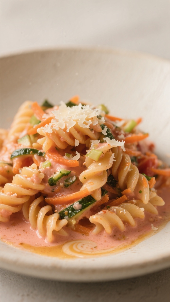 Close-up of creamy tomato pasta twirls (fusilli) coated in a silky blush tomato sauce, with finely grated carrot and tiny flecks of zucchini/spinach melted into the sauce, glossy from butter and olive oil, micro-bubbles and a gentle sheen; garlic notes implied by visible minced bits; served in a matte off-white bowl, a light sprinkle of grated cheese and a swirl of sauce pooling at the bottom; shallow depth of field to emphasize sauce texture and hidden veg, warm cozy lighting