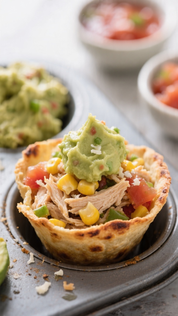 Close-up of Crispy Chicken Taco Cups baked in a muffin pan: mini tortilla cups with crisp, blistered edges filled with juicy shredded chicken mixed with mild salsa, lightly seasoned; topped with a dollop of hidden-veggie guacamole (pale green, smooth with tiny veggie flecks), a few corn kernels and a sprinkle of mild cheese; background shows small bowls of salsa and extra guac, shallow depth of field, vibrant yet clean styling.