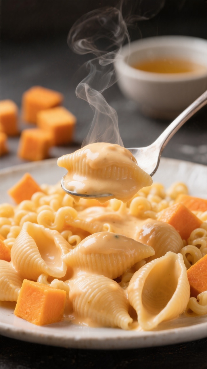 Close-up of hidden veggie mac and cheese with butternut squash: small pasta shells coated in a velvety, ultra-smooth cheese-like sauce created from pureed butternut squash, low-sodium broth, and whole milk; the sauce glows a natural pale orange, clinging to each shell; a spoon lifting a scoop to show the silky texture, steam curling upward; scattered raw 1/2-inch butternut cubes and a small bowl of broth blurred in the background; shot straight-on for maximum creaminess and comfort.