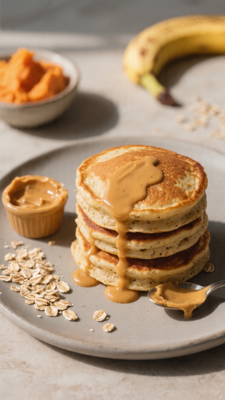 Close-up of sweet potato banana pancakes stacked three high on a small matte plate, airy texture and oat flecks visible, edges lightly golden; glossy sunbutter drizzle cascading down the sides, with a small ramekin of extra sunbutter and a spoon streaked with drizzle; background props hinting ingredients: half banana, a small bowl of mashed sweet potato, and a sprinkle of quick oats; warm, morning-light feel, shallow depth of field highlighting the stack.
