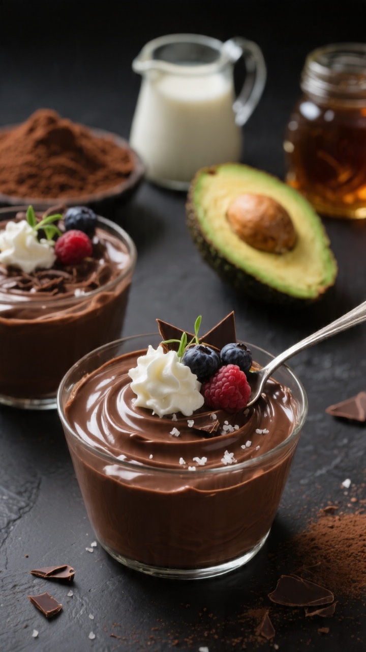 Close-up of ultra-silky chocolate-avocado pudding spooned into small cups, glossy surface with delicate ripples; garnished with a dollop of whipped cream or coconut cream, a few fresh berries, micro-chocolate shavings, and a pinch of flaky salt; ingredients subtly staged behind: halved ripe avocados, a mound of cocoa powder, a small pitcher of milk, and a jar of maple syrup; dark, luxurious styling emphasizing creamy texture and deep cocoa color.