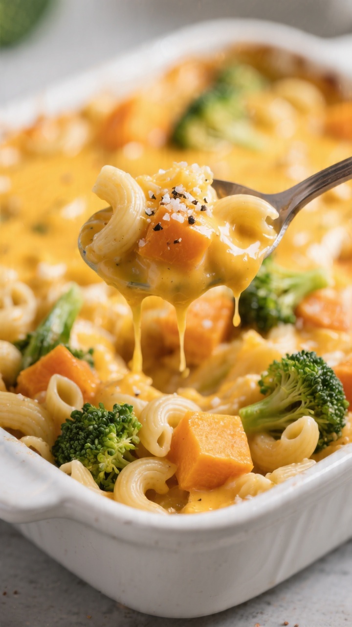 Close-up of veggie-packed mac and cheese being scooped: ultra-creamy cheddar sauce clinging to elbow macaroni, tender broccoli florets and butternut squash cubes peeking through; visible silky texture from milk-and-roux base (butter and flour), glossy and bubbling; shot in a white enamel baking dish with a spoon lifting a gooey strand, crumbs of salt and pepper on the rim, soft, kid-friendly comfort-food vibe.
