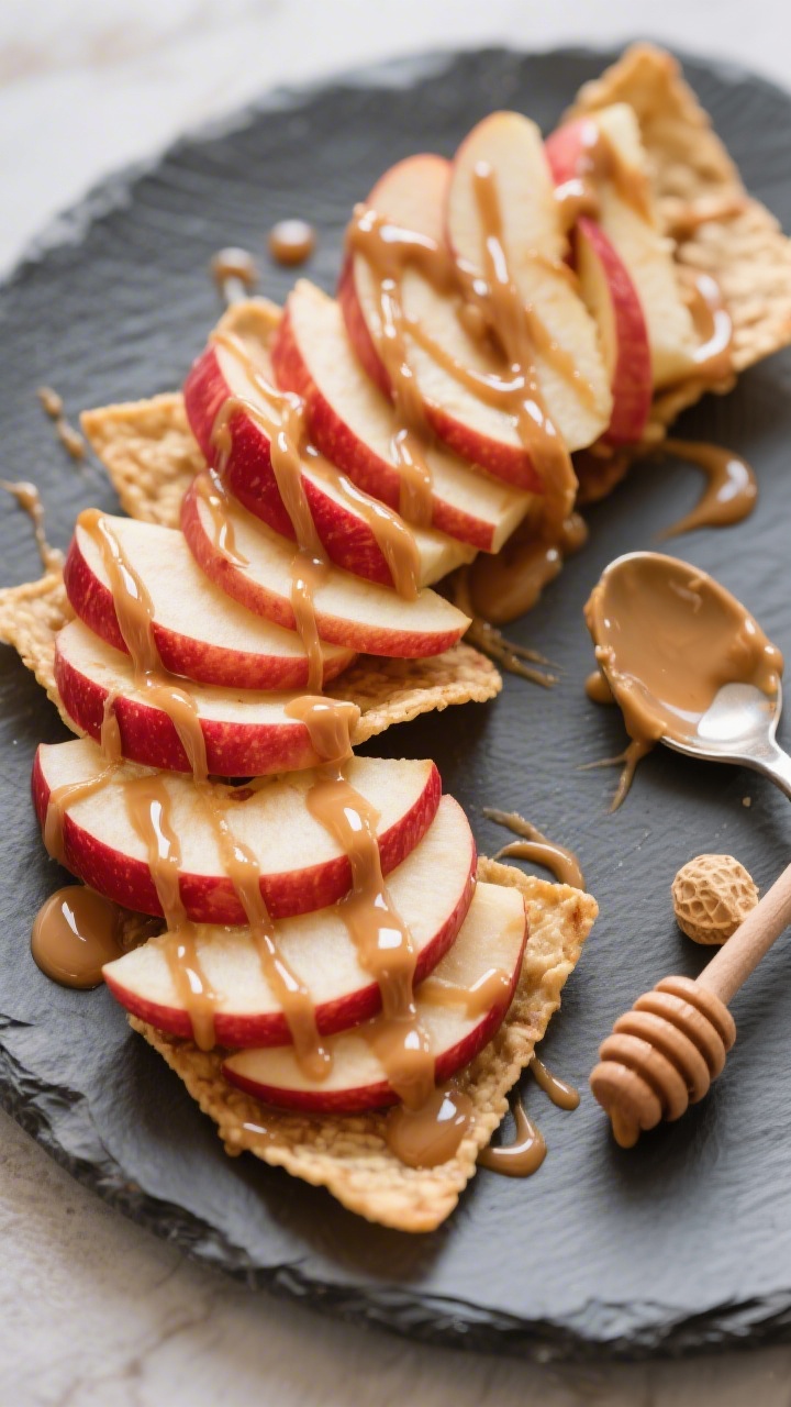 Close-up overhead of apple nachos arranged in a fan on a matte slate platter: thin Honeycrisp apple slices layered and drizzled with a glossy peanut butter “caramel” made from natural peanut butter, honey, and a touch of warm water for a silky ribboning effect. The drizzle pools slightly for shine; a spoon with residual sauce and a tiny honey dipper lie off to the side. Crisp textures, vibrant reds and creams, soft window light, tack-sharp details.