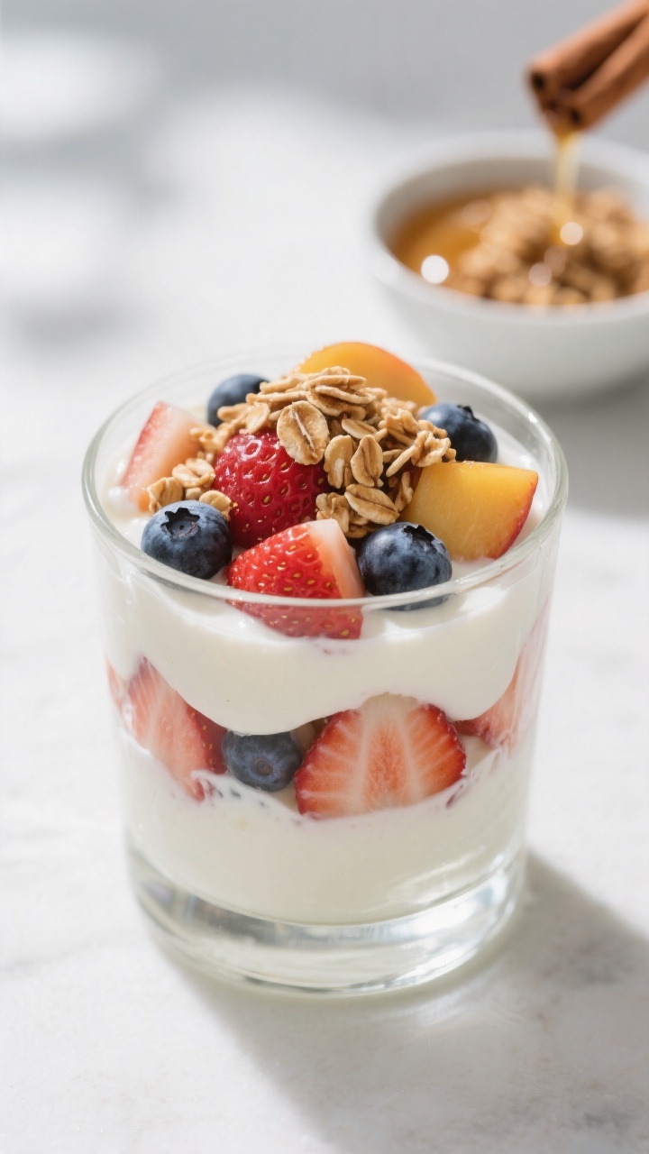 Close-up parfait build shot in a clear glass: layers of plain whole-milk yogurt lightly sweetened with maple syrup and vanilla, alternating with diced soft fruit (strawberries, blueberries, ripe peach), topped with a cinnamon oat crunch; textures crisp and creamy, fruit juices glistening; a small bowl of the cinnamon oat topping and a drizzle of syrup in the background; cool daylight, minimal props, focus on clean layers and irresistible freshness.