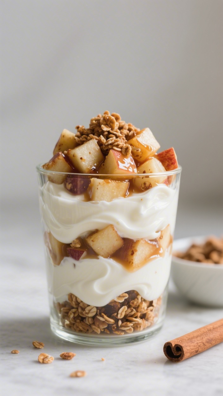 Close-up parfait layering shot of Apple Pie Yogurt Parfaits: clear glass filled with creamy Greek yogurt, warm skillet-caramelized diced apples (butter or coconut oil, maple/honey, cinnamon), and a top layer of cinnamon granola crunch. Capture glossy apple cubes with a touch of syrupy sheen and visible cinnamon specks, yogurt swirls, and crunchy granola texture. Soft morning light, minimal props—just a small bowl of granola and a pinch bowl of cinnamon in background for context.