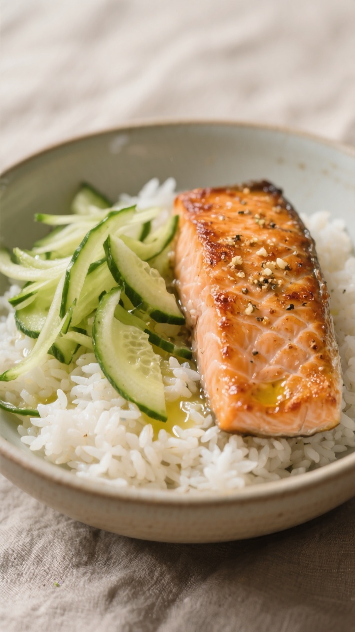 Close-up plated Cozy Salmon Rice Bowls with Cucumber Crunch: fluffy white jasmine/short-grain rice as a base, a roasted salmon fillet with crisped skin, lightly seasoned with olive oil, garlic powder, and fine salt, flaked slightly to show moist, tender interior; a neat pile of thinly sliced cucumber for cool crunch, a drizzle of olive oil glistening; served in a simple ceramic bowl on a neutral linen, shallow depth of field highlighting textures and warmth, inviting and wholesome.