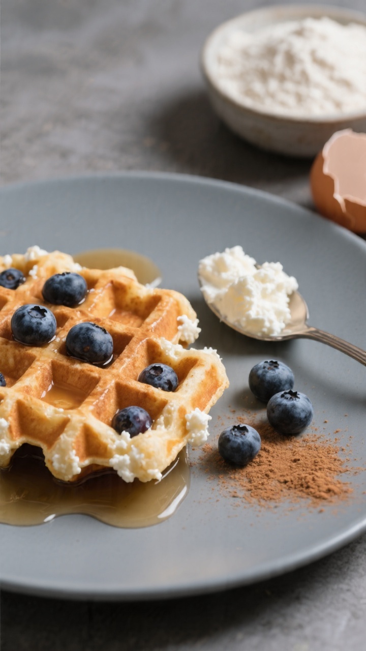 Close-up plated presentation: Cottage cheese protein waffles with juicy blueberry bursts tucked into the waffle pockets, syrup lightly glistening. Show the tender crumb with tiny curds visible, highlighting protein-rich texture. Plate on a matte gray dish with a spoonful of cottage cheese, a few fresh blueberries, and a dusting of cinnamon. Include props indicating ingredients: a small bowl of white whole wheat flour and a cracked egg shell. Soft, diffused light for a creamy, inviting look.