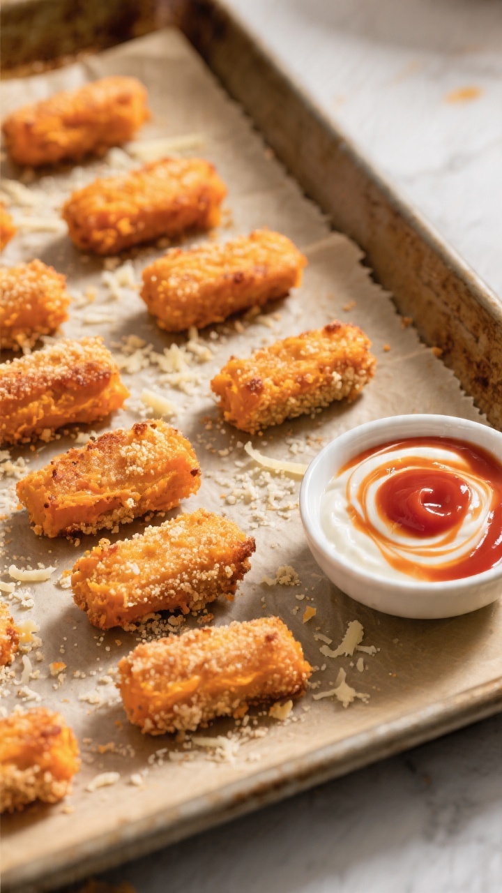 Close-up process shot of Baked Sweet Potato Tots: a parchment-lined sheet pan filled with neatly shaped, just-baked tots made from mashed roasted sweet potatoes mixed with fine breadcrumbs, grated Parmesan, and egg—edges lightly crisped and golden-orange; a small bowl of zippy ketchup-yogurt dip (swirled half-and-half for a marbled effect) nearby with a tot resting on the rim to show interior texture; breadcrumb and Parmesan sprinkles scattered naturally; warm, directional light to highlight crispy ridges and the vivid orange of sweet potato.