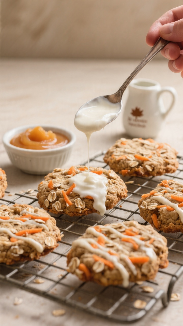 Close-up process shot of Carrot Cake Breakfast Cookies With Creamy Yogurt Drizzle: cookies cooling on a wire rack, studded with finely grated carrot, rolled oats, and whole wheat flour texture; a spoon drizzling a glossy yogurt glaze in thin ribbons over a few cookies; props include a small bowl of unsweetened applesauce and a tiny pitcher labeled maple syrup; warm neutral backdrop, high detail on the nubbly oat-carrot surface and creamy drizzle.
