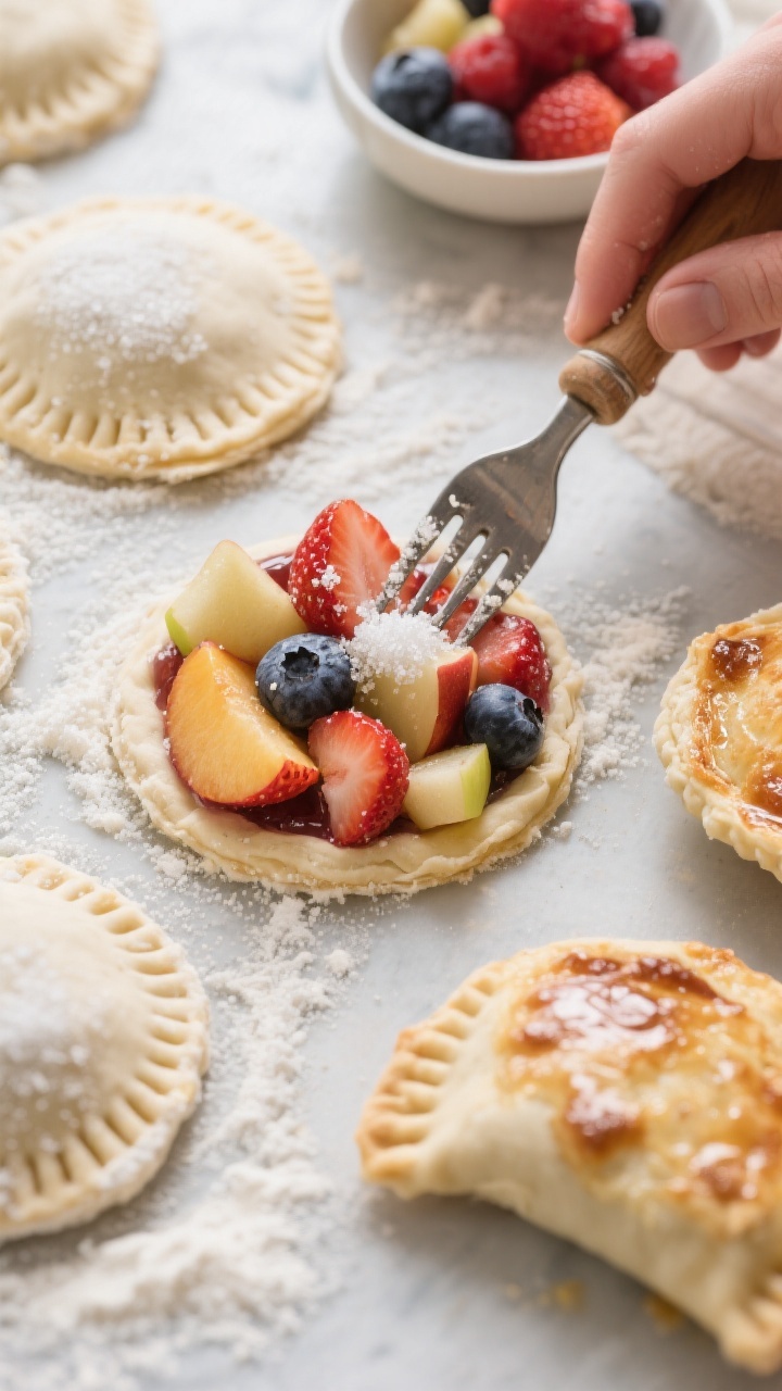 Close-up process shot of No-Roll Mini Fruit Hand Pies kids can crimp: small circles of room-temp refrigerated pie crust folded over vibrant fillings—chopped strawberries, peaches, apples, and blueberries—edges crimped with a fork, coarse sugar glinting on top; capture raw-to-baked transition on the same sheet: a few unbaked pies dusted with granulated sugar alongside a couple just out of the oven with bubbling juices; flour-dusted surface, small bowl of mixed fruit, and a pastry brush nearby; tight depth of field emphasizing flaky layers and juicy fruit.