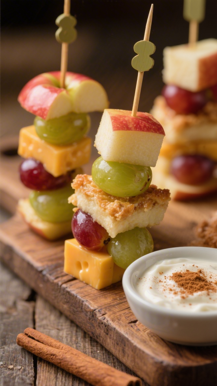 Close-up, shallow-depth shot of Crunchy Apple Pie Stacks on mini skewers: 1-inch cubes of Honeycrisp or Gala apples (tossed with lemon juice), green/red grapes, and small cheddar cubes stacked in alternating layers to evoke apple-pie flavors. A small bowl of cinnamon yogurt dip in frame with a dusting of ground cinnamon on top, tiny cinnamon specks visible on the apples. Rustic wooden board, warm-toned lighting to emphasize cozy “apple pie” mood; crisp textures of apple skin, glossy grapes, and matte cheddar edges in sharp detail.