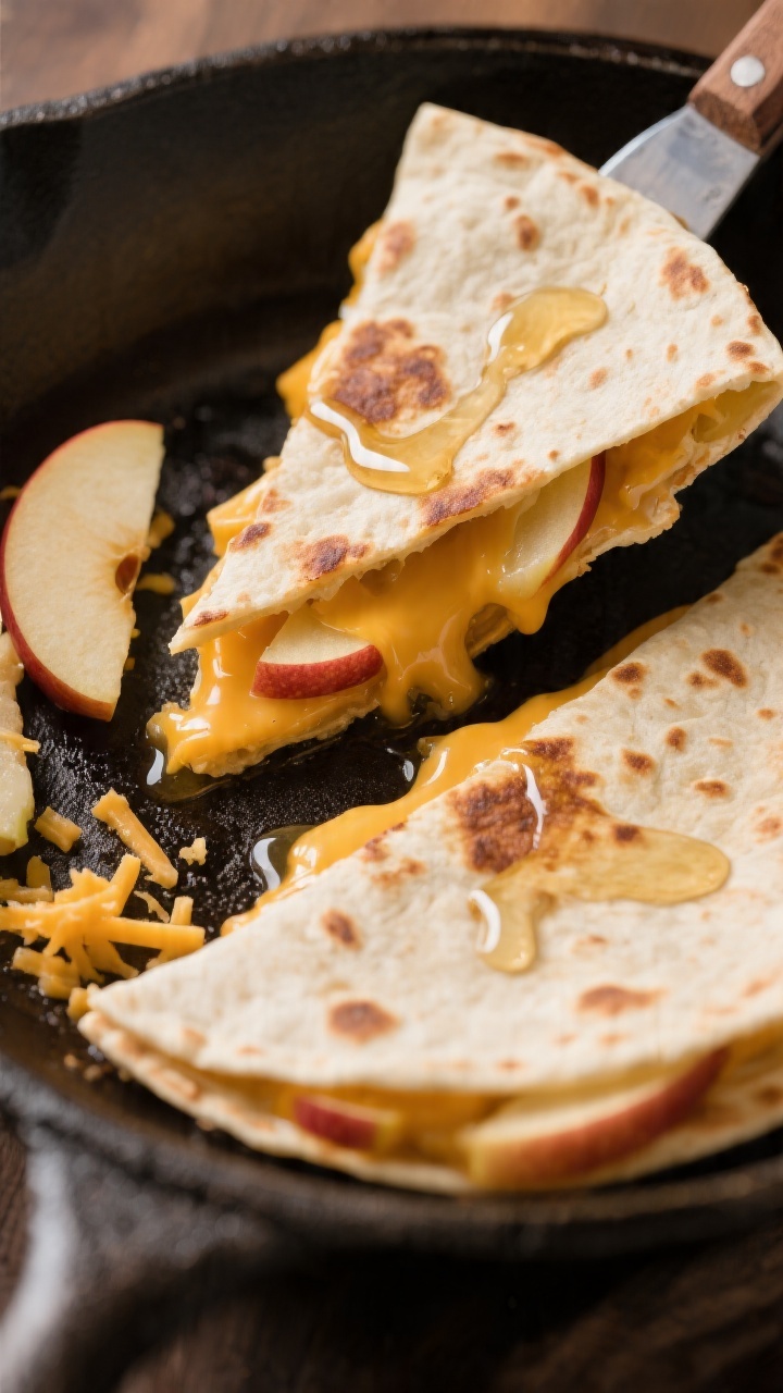 Close-up skillet shot at 45 degrees of an apple cheddar quesadilla being sliced: flour tortillas crisped in butter, gooey melted mild or sharp cheddar oozing around thin Gala apple slices. A light drizzle of honey glistening on the exposed wedge, browned blistered spots on the tortilla, a few apple slices and grated cheddar scattered nearby. Warm, cozy tones, slight backlight to catch shine on cheese and honey.