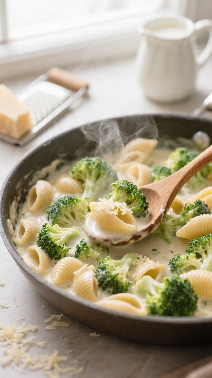 Close-up, steamy one-pot creamy broccoli pasta in a wide shallow saucepan: short pasta shells nestled among small broccoli florets, coated in a silky sauce made from low-sodium broth, milk, and grated Parmesan; glossy sauce clinging to ridges, broccoli bright green and tender; a wooden spoon scooping a portion, steam rising; minimal props—Parmesan microplane and a small pitcher of milk in the background; soft natural window light for cozy, kid-appealing comfort-food vibe.