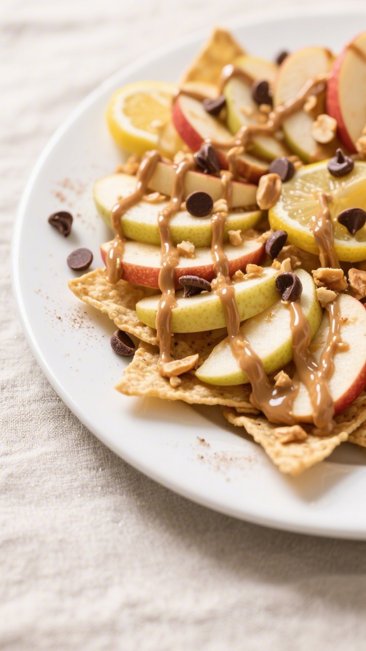 Close-up, straight-on plated final of No-Bake Apple Nachos: a large white platter fanned with thin, lemon-tossed apple slices (Honeycrisp and Gala), glossy and crisp, generously drizzled with warm, runny peanut butter in zigzags. Sprinkle of mini dark chocolate chips and crushed roasted peanuts, with a pinch of cinnamon over the top. Shallow depth of field to emphasize the sheen of the peanut butter and the freshness of the apples; neutral linen beneath for contrast.