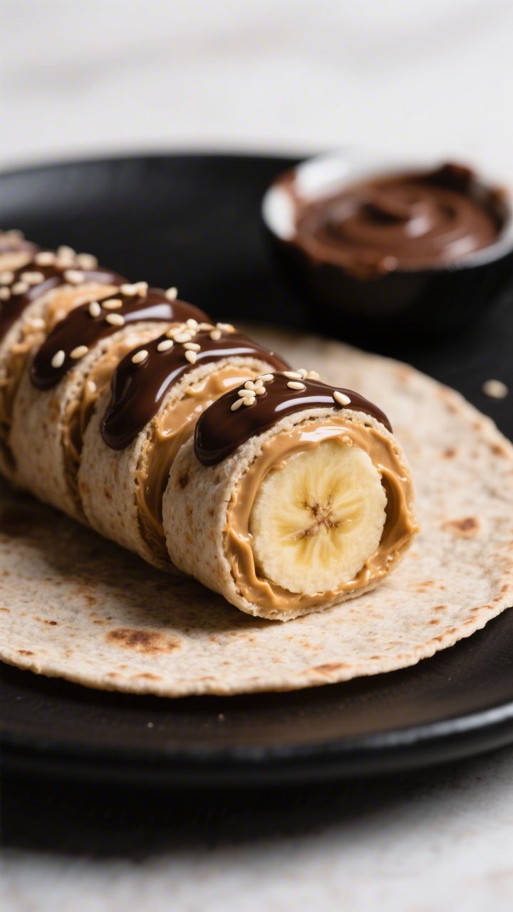 Close-up, straight-on shot of Banana Sushi Rolls: whole-wheat tortillas spread edge-to-edge with creamy peanut butter and a touch of honey, bananas rolled inside and sliced into neat bite-size “sushi” rounds; each piece topped with a glossy chocolate “soy” drizzle and a few sesame seeds; tight focus on the spiral of tortilla, peanut butter, and banana, with a small dipping dish of extra chocolate drizzle in the background on a matte black plate.