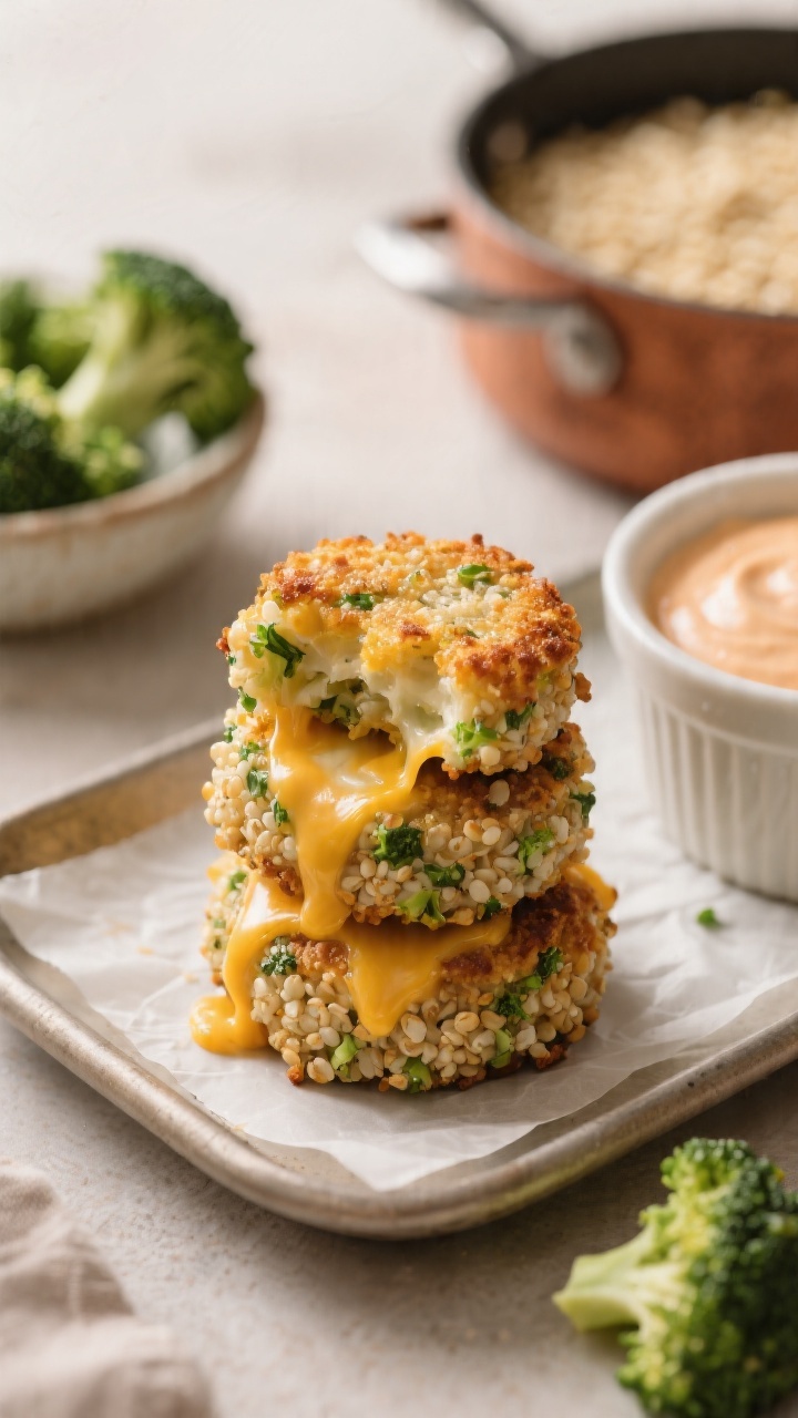 Close-up, straight-on shot of cheesy broccoli quinoa tots stacked on a small tray with parchment, edges crisp and golden with melty cheddar/mozzarella peeking through the quinoa-speckled surface; flecks of very finely chopped broccoli visible throughout. A dipping ramekin of mild marinara or yogurt dip to the side, with a blurred pot of cooked quinoa and a bowl of squeezed-dry broccoli florets in the background. Warm, appetizing light emphasizing texture and cheese pull.