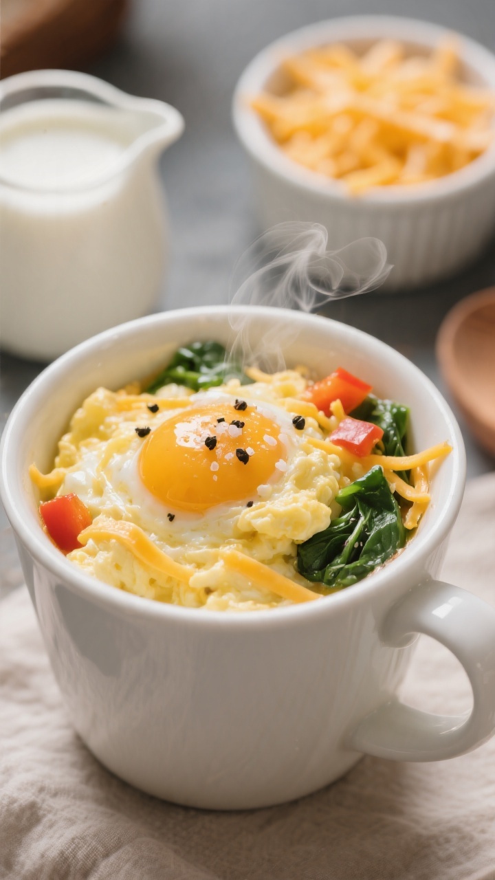 Close-up, straight-on shot of Cheesy Egg-in-a-Mug with sneaky veg fresh from the microwave: fluffy scrambled eggs in a white ceramic mug, molten cheddar threads, flecks of finely chopped bell pepper and spinach visible, a wisp of steam rising, tiny black pepper specks and a pinch of salt on top; props include a small pitcher of milk and a ramekin of shredded cheese in soft focus; cozy breakfast mood, shallow depth of field to highlight the creamy, cheesy texture.