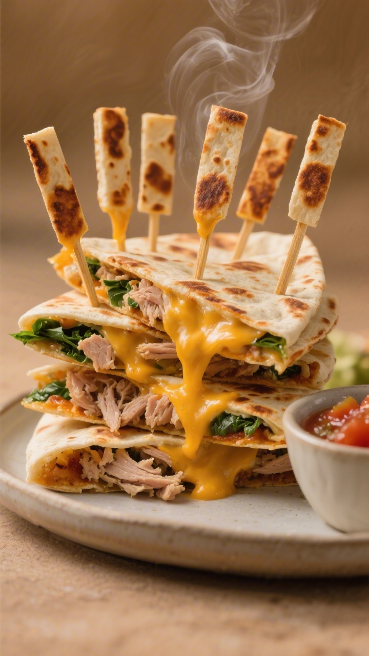 Close-up, straight-on shot of cheesy turkey quesadilla dippers stacked and cut into narrow strips for dunking: toasted flour tortillas with deep golden-brown blistered spots, gooey pull of Mexican blend cheese, finely chopped cooked turkey and specks of hidden baby spinach visible at the cut edges. A small bowl of mild salsa on the side, minimal props, warm-toned background, steam faintly rising to enhance melty appeal.