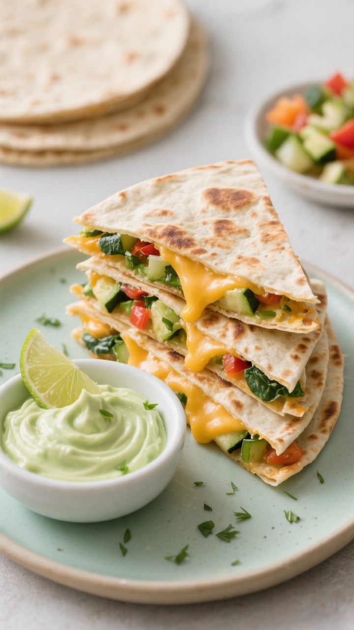 Close-up, straight-on shot of cheesy veggie quesadilla triangles stacked slightly fanned on a small kid-friendly plate: gooey melted mild cheese (mozzarella/Colby Jack/mild cheddar) stretching between layers, with very finely chopped veggies like zucchini, spinach, and bell pepper peeking through the toasty, lightly blistered flour tortillas. Next to the stack, a small bowl of avocado yogurt dip—pale green, creamy swirls—topped with a squeeze of lime and a few micro-chopped herbs. Background props: whole-wheat tortillas, a small heap of finely chopped veggies. Soft, diffused light, emphasis on melty cheese pull and crisp tortilla edges.