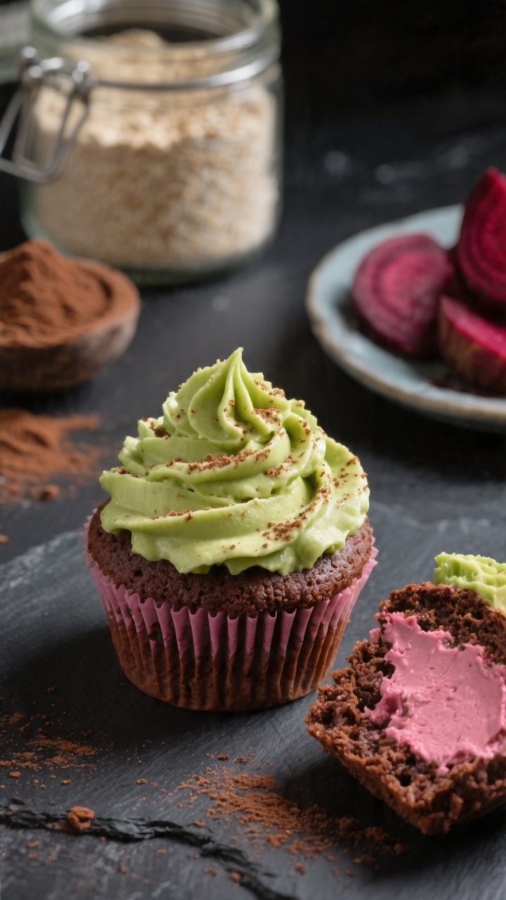 Close-up straight-on shot of Cocoa-Beet Velvet Cupcakes with naturally pink-tinted avocado frosting piped high. Deep cocoa crumb with a slight reddish hue from beets, topped with glossy pale green avocado frosting, tiny cocoa dusting. Include a cut cupcake to showcase velvety interior. In the background: whole wheat pastry flour in a jar, unsweetened cocoa powder, and a small plate with roasted beet wedges. Dark slate surface, moody light for rich chocolate vibes, crisp, mouthwatering detail.