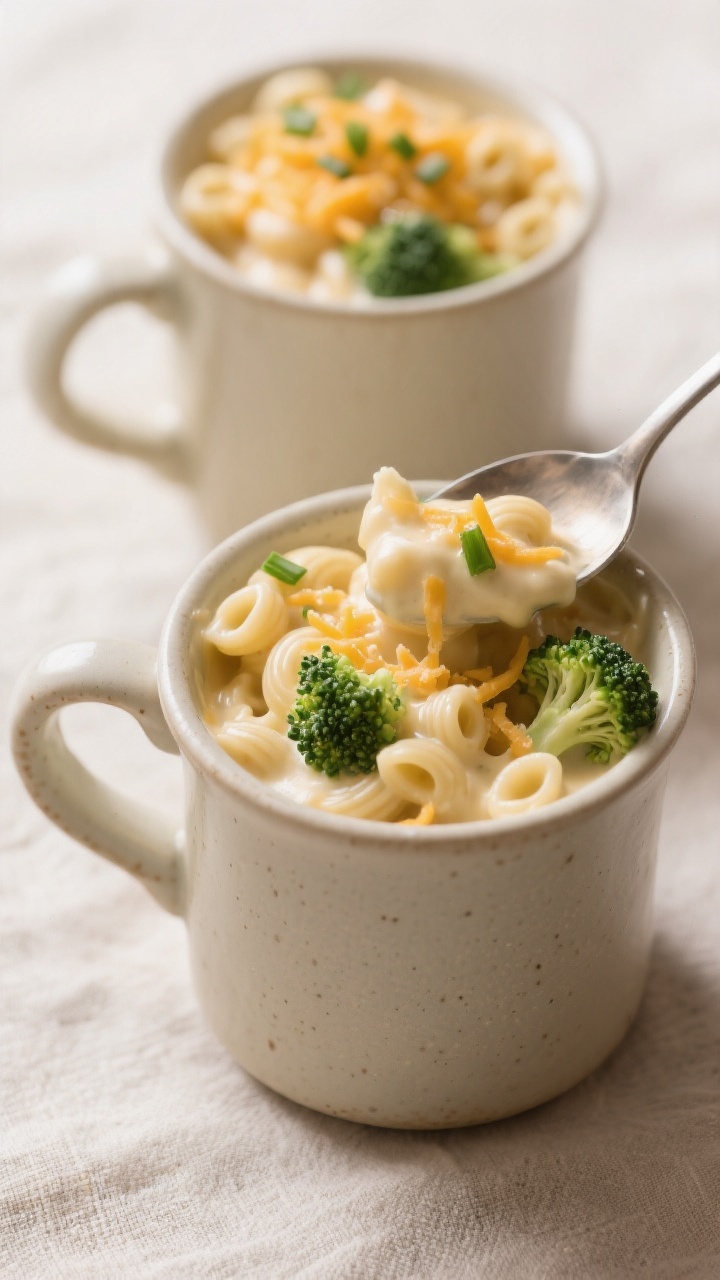 Close-up, straight-on shot of creamy broccoli mac served in toddler-sized ceramic mugs with sturdy handles. Velvety cheese sauce clinging to elbow macaroni, tiny broccoli florets stirred through so they peek between pasta curves. A light dusting of finely grated cheddar and a few micro-chopped chives on top for freshness. One mug shows a spoon scooping to reveal the ultra-creamy interior; soft, diffused daylight and a neutral linen backdrop for cozy comfort-food appeal.