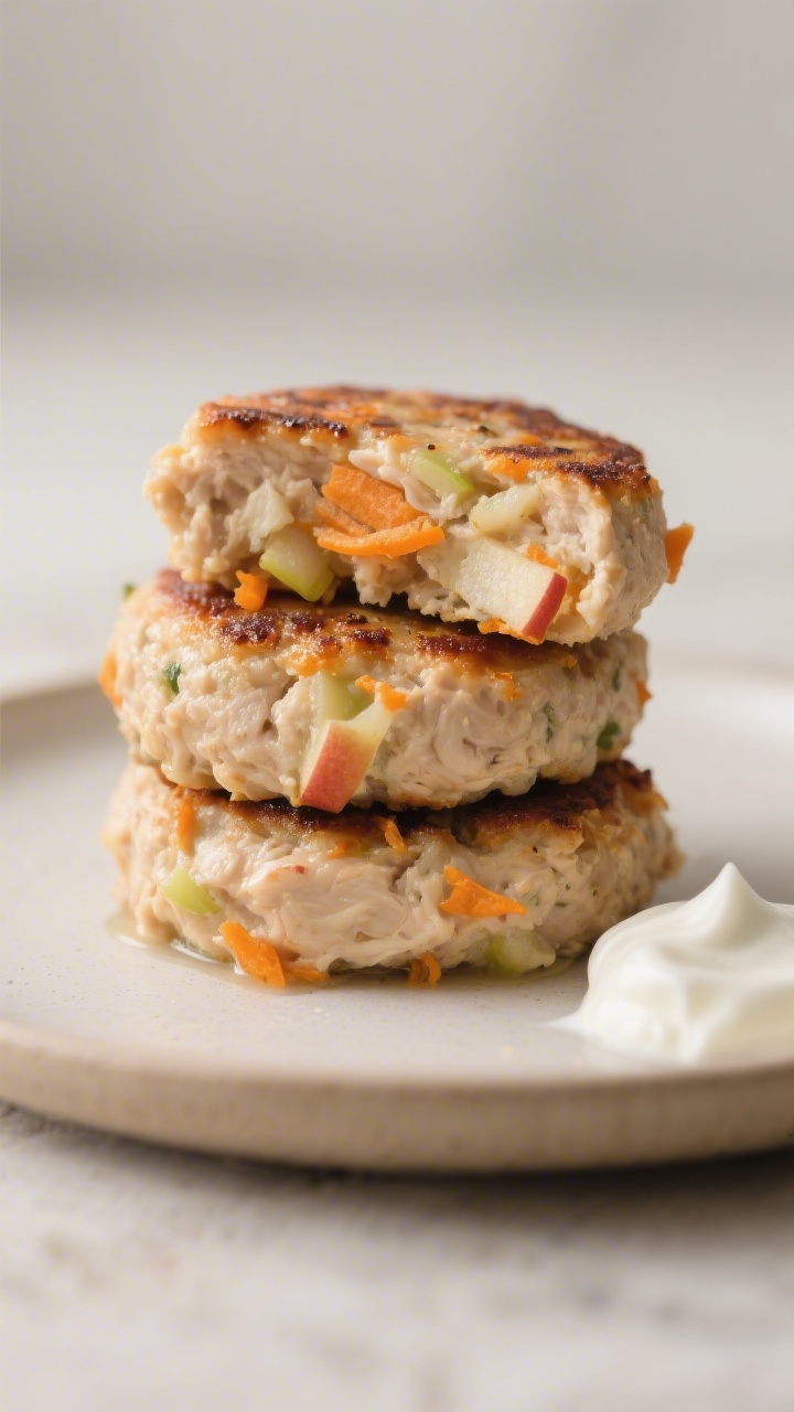Close-up, straight-on shot of creamy chicken, apple, and sweet potato mini patties stacked on a small neutral plate, cut edge showing moist interior with visible finely grated sweet potato and apple threads within ground chicken. Light sear marks, gentle gloss from natural juices, and a tiny dollop of plain yogurt on the side; muted background, soft daylight, focus on tender texture and subtle orange specks of sweet potato.
