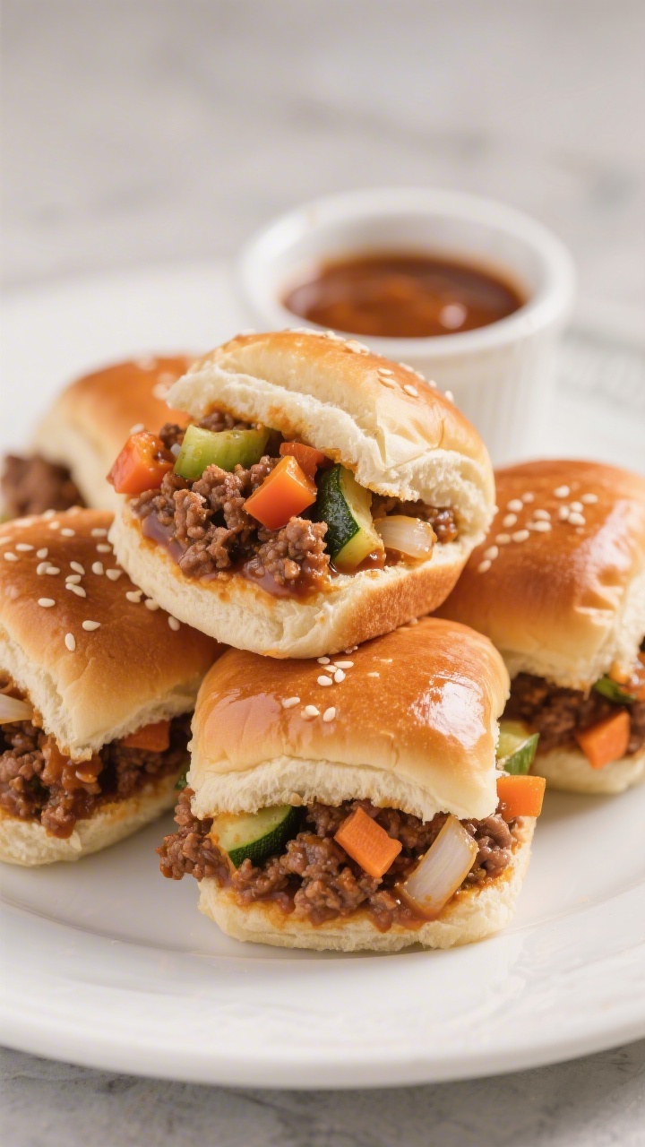 Close-up straight-on shot of hidden veggie sloppy joe sliders: mini soft buns overflowing with glossy, saucy ground beef studded with finely diced bell pepper, zucchini, carrot, and onion; a few slider tops askew to showcase the chunky, sweet-savory filling; sesame seeds visible on buns, a small ramekin of extra sloppy joe sauce behind; shallow depth of field highlighting the moist, textured filling, warm tones, no people.