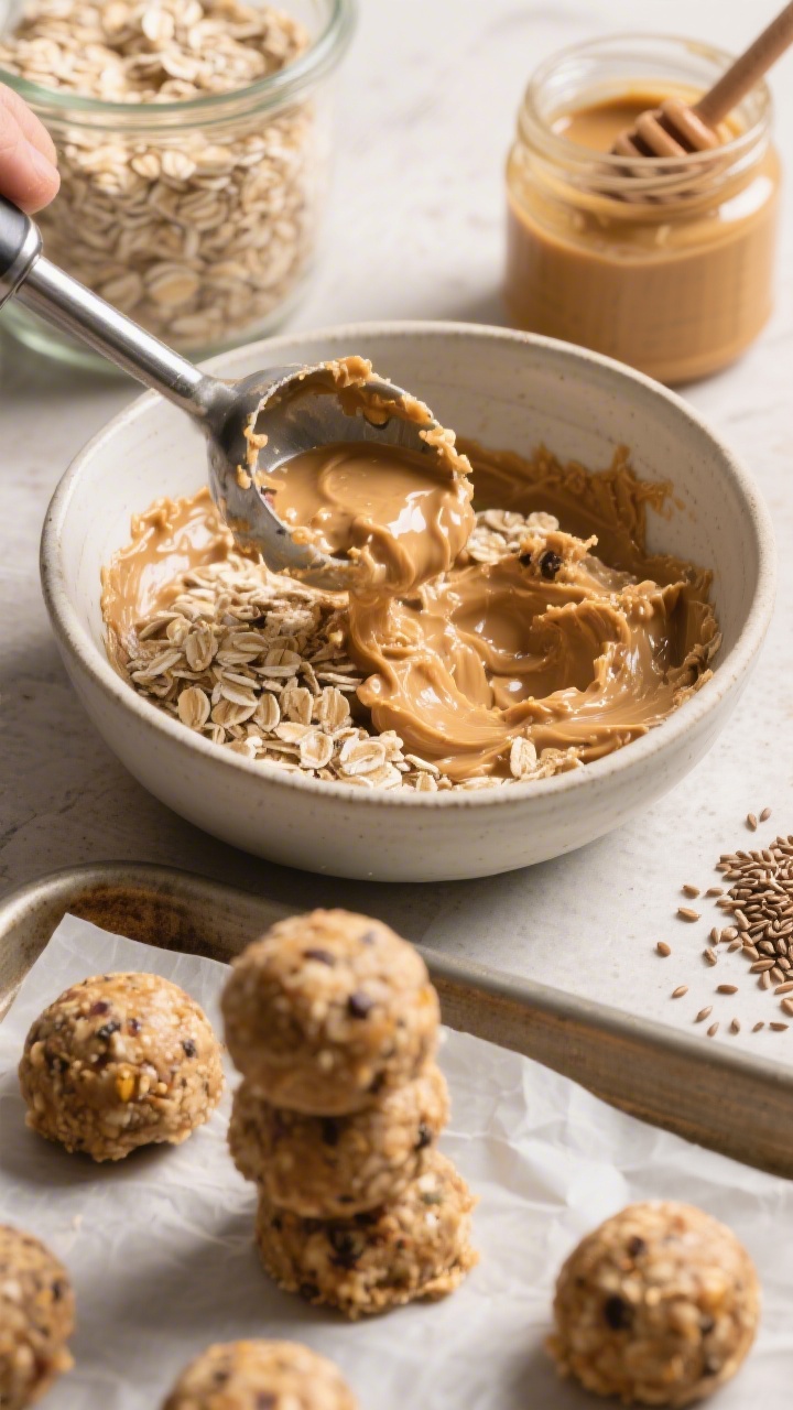Close-up straight-on shot of no-bake PB oat energy bites being portioned: a bowl of rolled oats, creamy peanut butter, honey, and ground flaxseed mixture with visible texture—oat flecks, flax specks, glossy binder; a small cookie scoop dropping uniform rounds onto a parchment-lined tray; a few finished bites stacked in front showing slightly rustic edges; warm, cozy lighting emphasizing the nutty sheen and chewy texture; ingredients (oats, jar of peanut butter, honey dipper, flax) styled in the background.