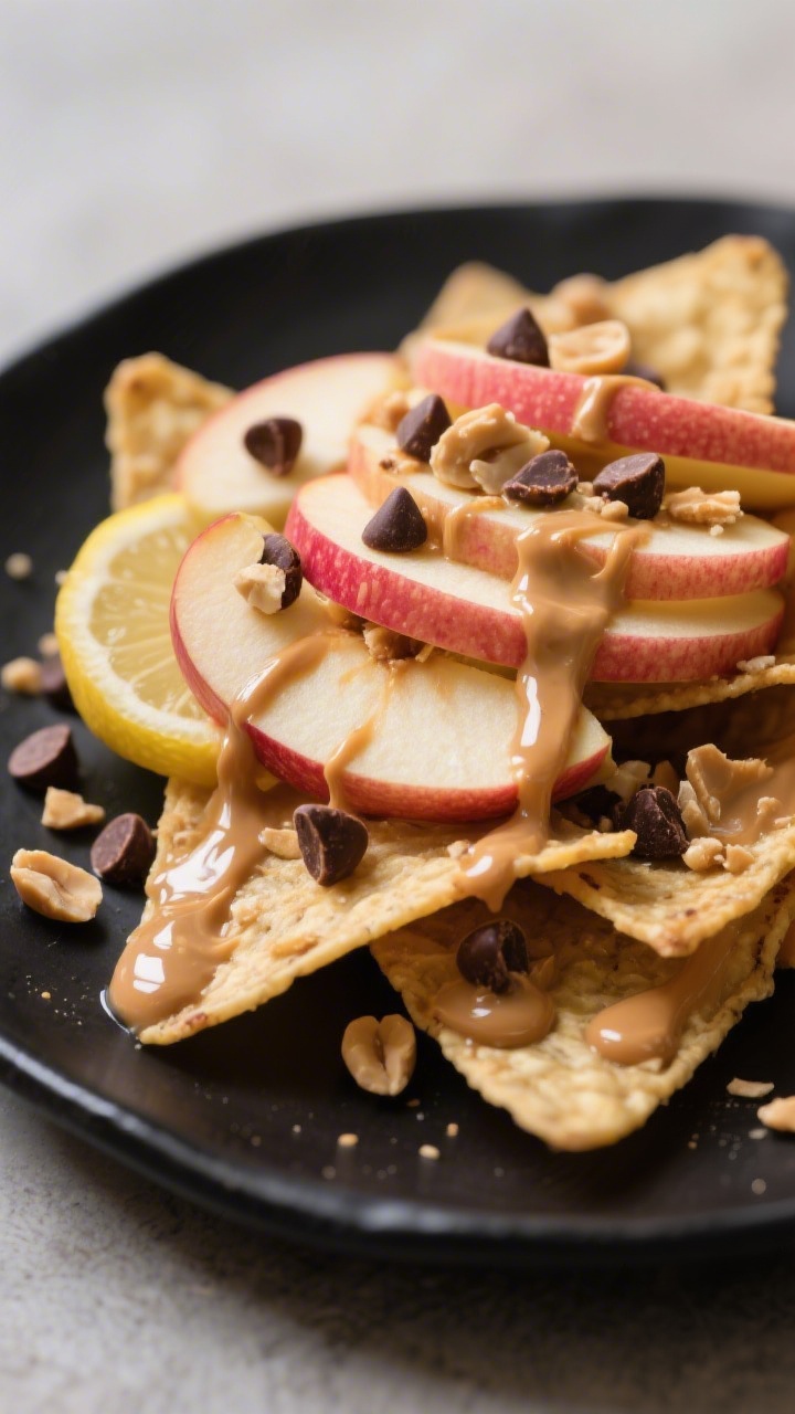 Close-up, straight-on shot of no-cook apple nachos layered on a matte black platter: thin, crisp apple slices (Honeycrisp/Pink Lady/Gala) fanned out and tossed with a whisper of lemon juice, generously drizzled with silky natural peanut butter thinned with a touch of warm water and honey. Sprinkled with mini chocolate chips and crushed peanuts, with a few stray droplets of peanut butter and glistening apple surfaces for appetite appeal. Tight depth of field, warm, inviting mood.