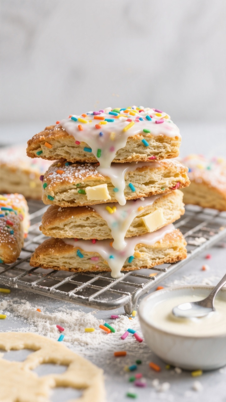 Close-up, straight-on shot of Rainbow Confetti Scones arranged in a staggered stack on a cooling rack, the yogurt glaze dripping down and catching rainbow sprinkles embedded in the crumb. Visible flaky layers from cold cubed unsalted butter, with a light sugar sparkle on the surface. In the scene: a small bowl of glaze with a spoon trail, a scattered pinch of extra rainbow sprinkles, and a flour-dusted work surface hinting at the dough cutouts. Crisp, high-key lighting to pop the colors.