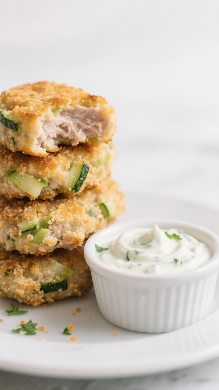 Close-up, straight-on shot of Soft Turkey Zucchini “Nuggets” stacked on a small white plate with a side ramekin of creamy yogurt ranch dip: golden edges on tender baked nuggets made from ground turkey and finely grated zucchini (green flecks visible), subtle panko crumb texture, hints of chopped parsley; dip topped with a light swirl and tiny herb specks; shallow depth of field highlighting moist interior where one nugget is torn open; clean light background, kid-friendly yet refined styling, no people.