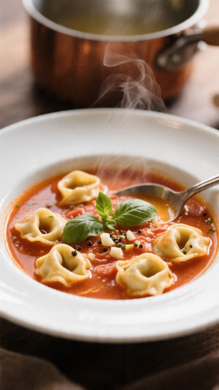 Cozy close-up of creamy tomato tortellini soup in a white bowl: cheese tortellini swimming in a silky blend of marinara sauce and low-sodium broth, glossy surface with swirls of olive oil, visible minced garlic, garnished with a few torn basil leaves (optional styling) and cracked pepper; steam gently rising, a ladle resting in a nearby pot; warm, inviting tones, shallow depth of field highlighting plump tortellini and velvety texture.