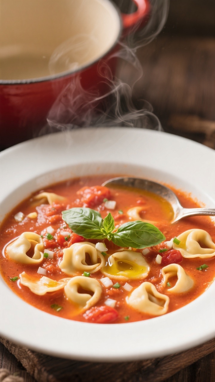Cozy overhead bowl shot of creamy tomato basil tortellini soup in one pot style: cheese tortellini swimming in a velvety crushed-tomato base thinned with broth, balanced with a touch of sugar; ribbons of fresh basil and a drizzle of olive oil on the surface, flecks of minced garlic and finely chopped onion visible; served in a wide white soup bowl with a ladle resting in a Dutch oven nearby; warm, inviting red-orange hues, steam gently rising, professional soft window light.