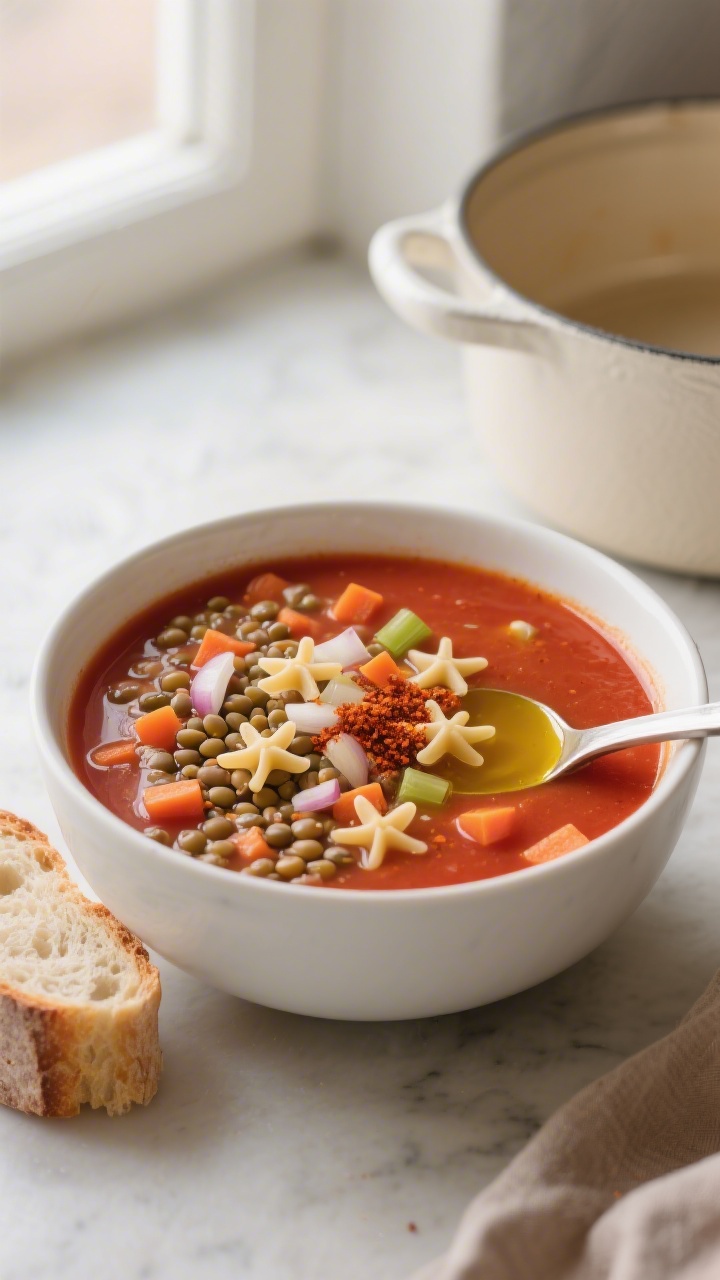 Cozy overhead bowl shot of Lentil Tomato Soup with tiny star pasta: a deep white bowl filled with a tomato-red broth simmered with olive oil, finely chopped onion, diced carrot, optional diced celery, minced garlic, mild paprika, and tender lentils, with tiny stelline pasta scattered throughout. Garnish with a drizzle of olive oil and a pinch of mild paprika on top; serve with a small slice of crusty bread on the side. Include a ladle resting in a Dutch oven in the background, soft window light, inviting weeknight vibe.