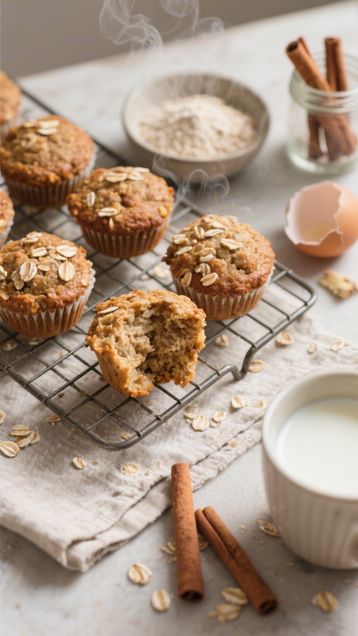 Cozy overhead shot of Apple Cinnamon Oatmeal Minis cooling on a wire rack: chunky, textured oat-based mini muffins with visible rolled oats, a warm cinnamon-brown crust, and a hint of ginger; nearby props include a small bowl of oat flour, a jar of cinnamon sticks, and a cracked egg shell; a cup of warm milk at the edge of frame; styled on a linen napkin with soft morning light to evoke “cozy morning” mood, steam subtly rising from a cut-open muffin showing tender interior.