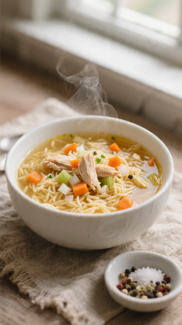 Cozy straight-on bowl shot of chicken, carrot, and orzo “noodle” soup: clear golden broth with visible very finely diced onion, carrots, optional celery, tiny garlic flecks, tender pulled chicken, and plump orzo; served in a white soup bowl on a rustic linen, a small dish of sea salt and cracked pepper nearby; gentle steam rising, soft window light for a comforting mood, sharp focus on orzo and diced veg.